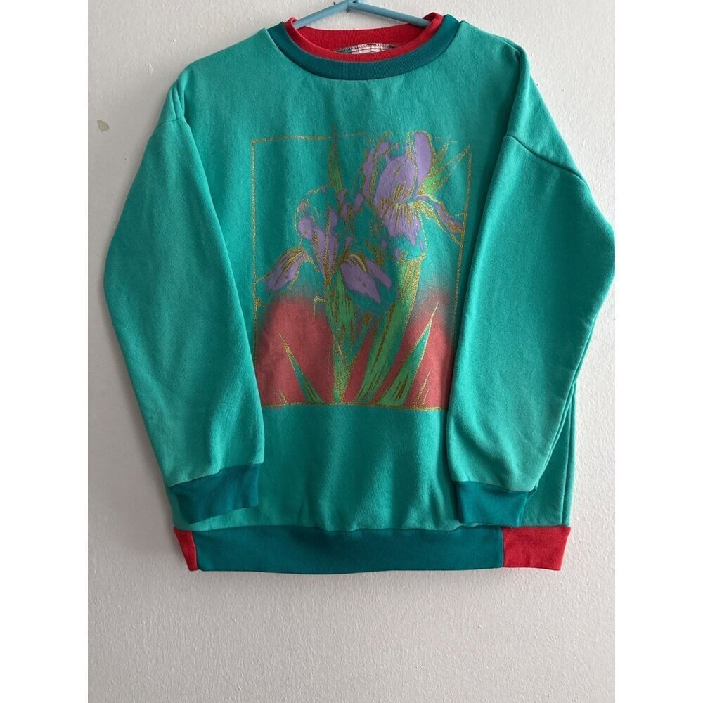 Vintage Sweatshirt Floral Iris Design Crewneck Pullover Size X-3X